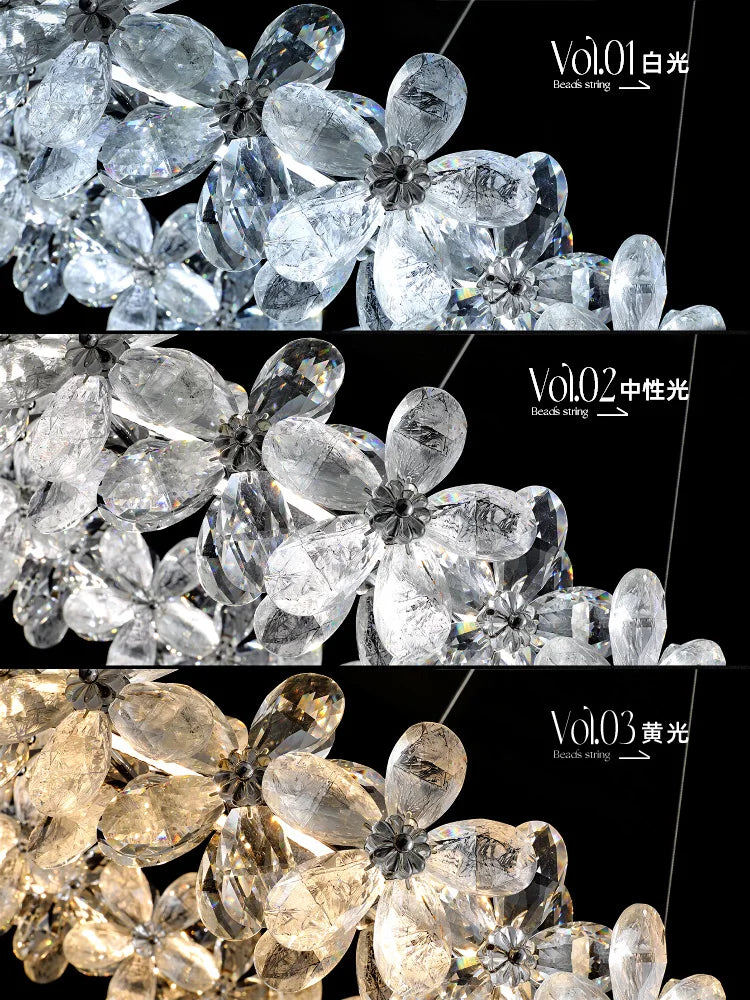 Suspension lumineuse moderne transparente argentée fleurs cristal 3000k 6000k chambre salon