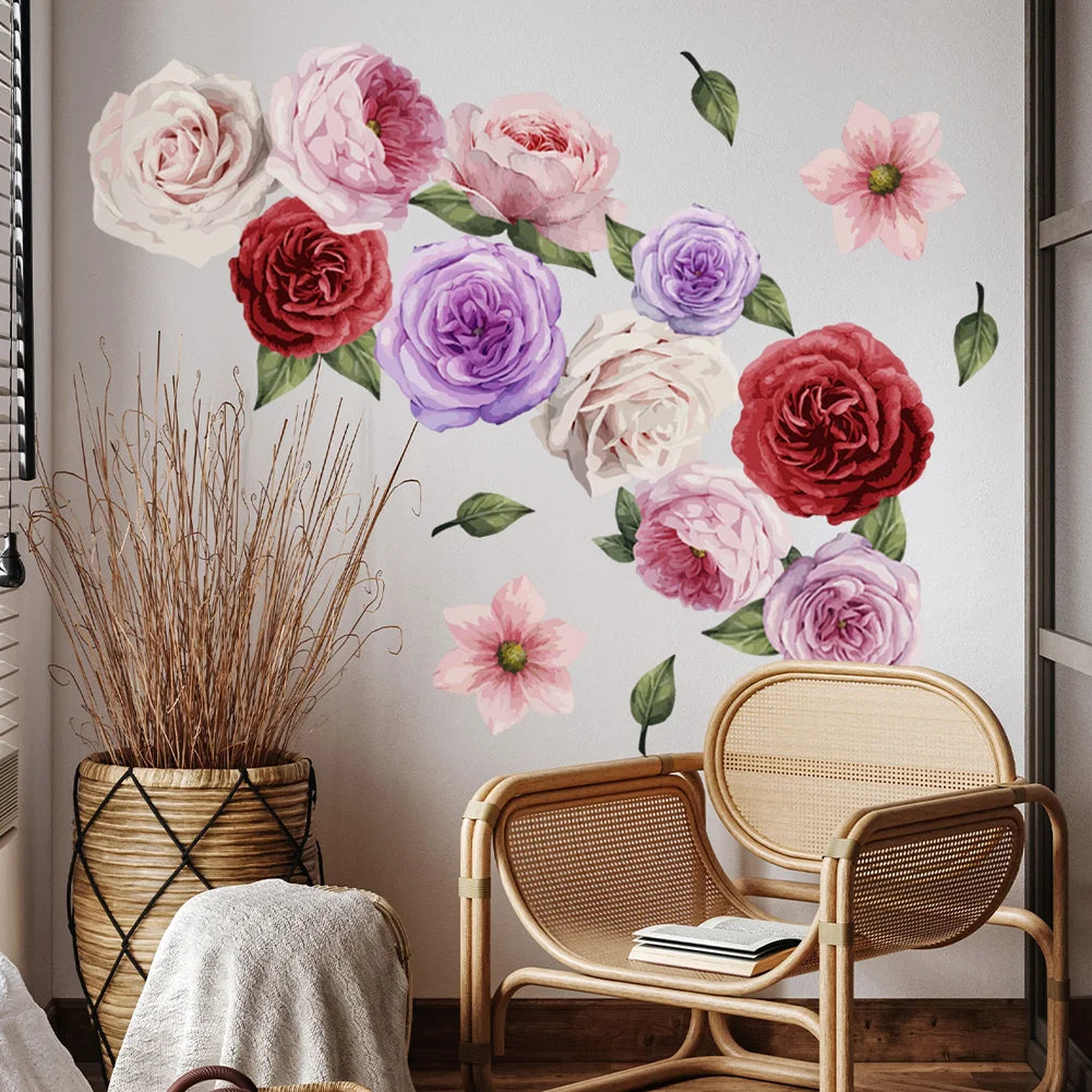 sticker mural floral aquarelle roses pivoines 20 pièces adhésif décoration romantique chambre salon