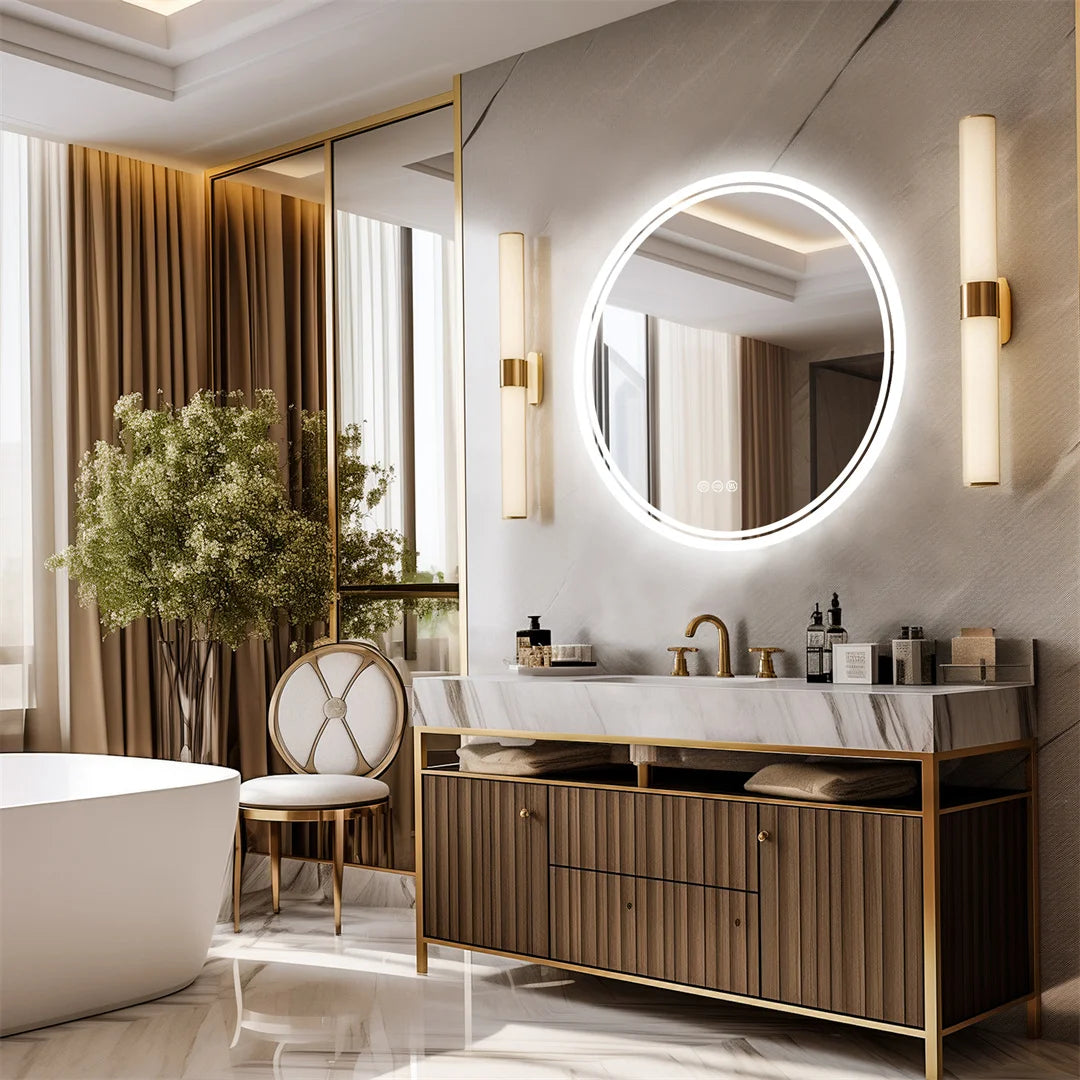 miroir rond lumineux moderne éclairé led blanc gris doré aluminium salle bain