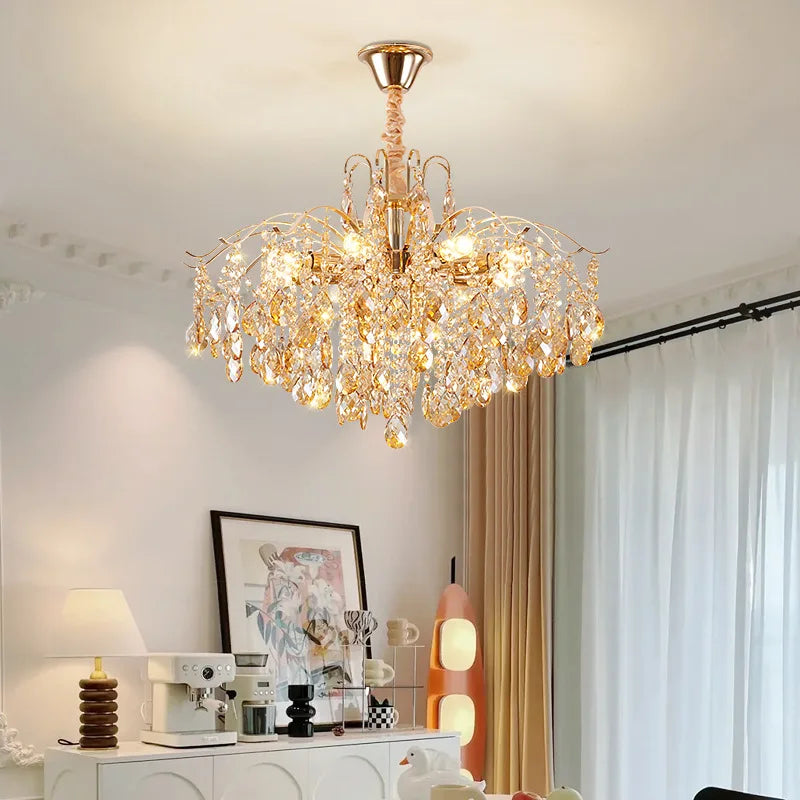 lustre moderne doré cristaux facettés led classique chambre salon transparent