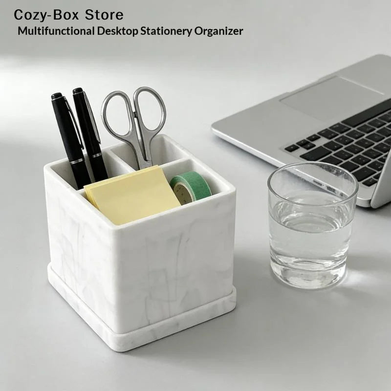 organisateur moderne brosses dents dentifrice savon stylos ciseaux postits pinceaux maquillage comb verre blanc