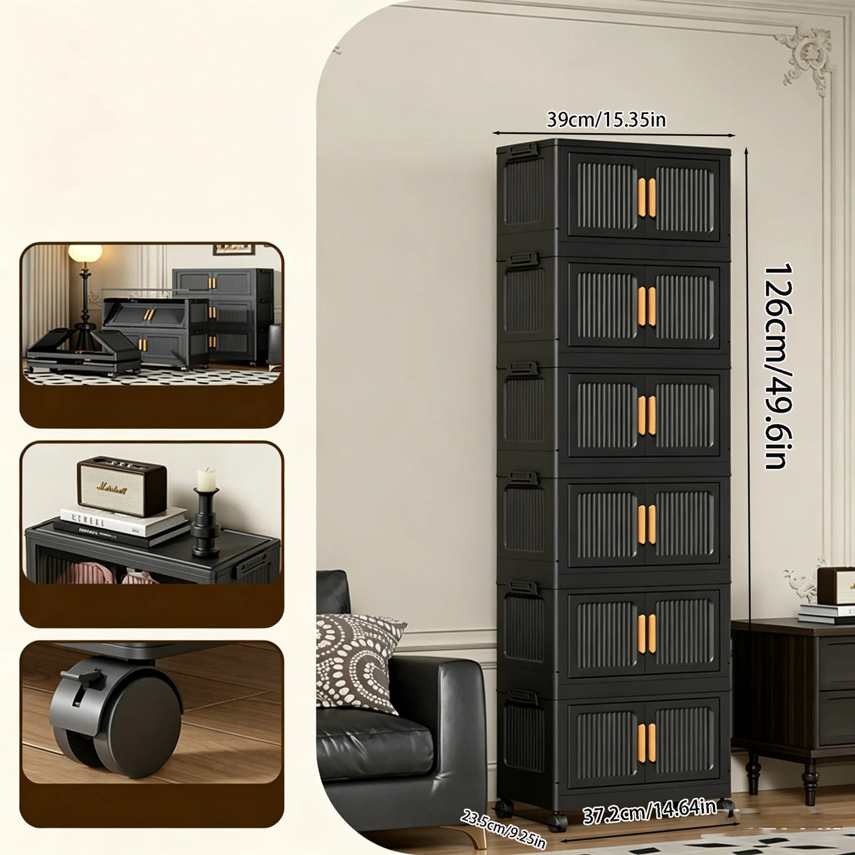 rangement modulaire meuble noir panneaux transparents poignées dorées roulettes facile assembler chambre salon cuisine