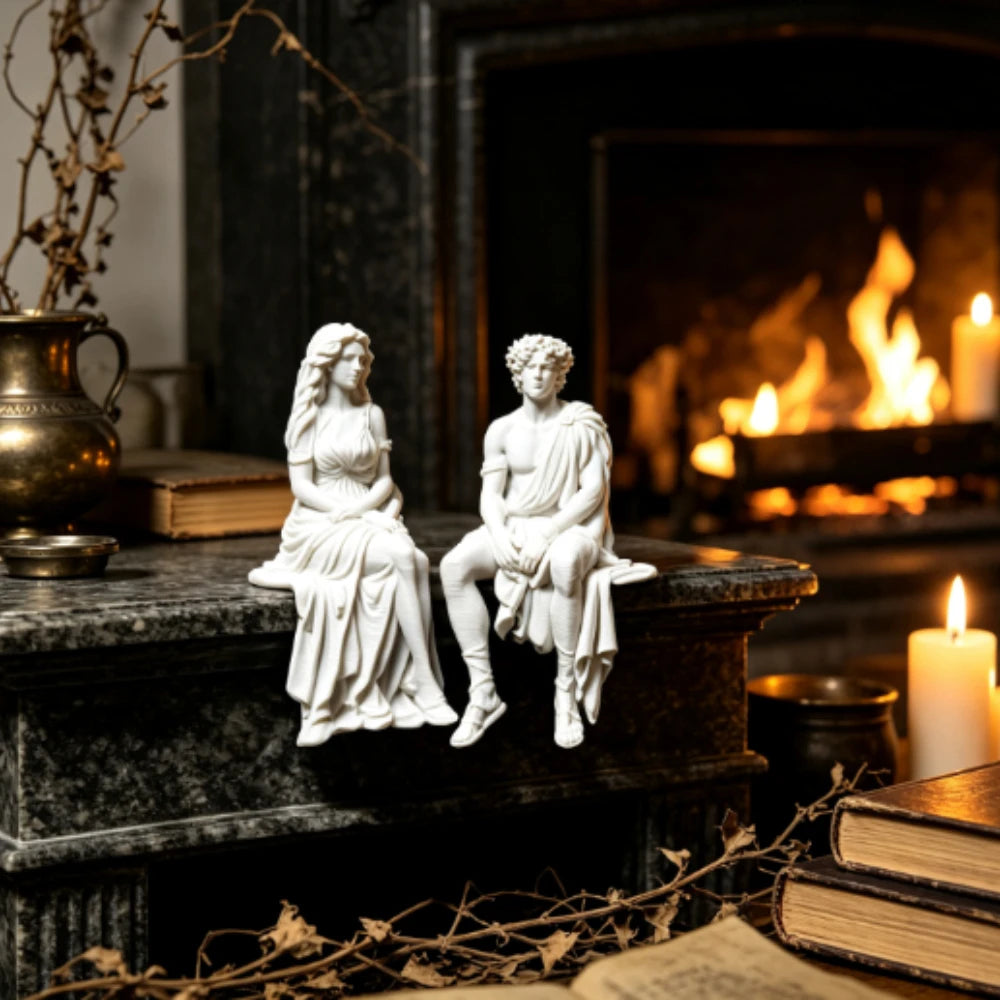 statuette couple antique assis blanc drapé details sculptures grecques decoration classique mythologique figurine historique