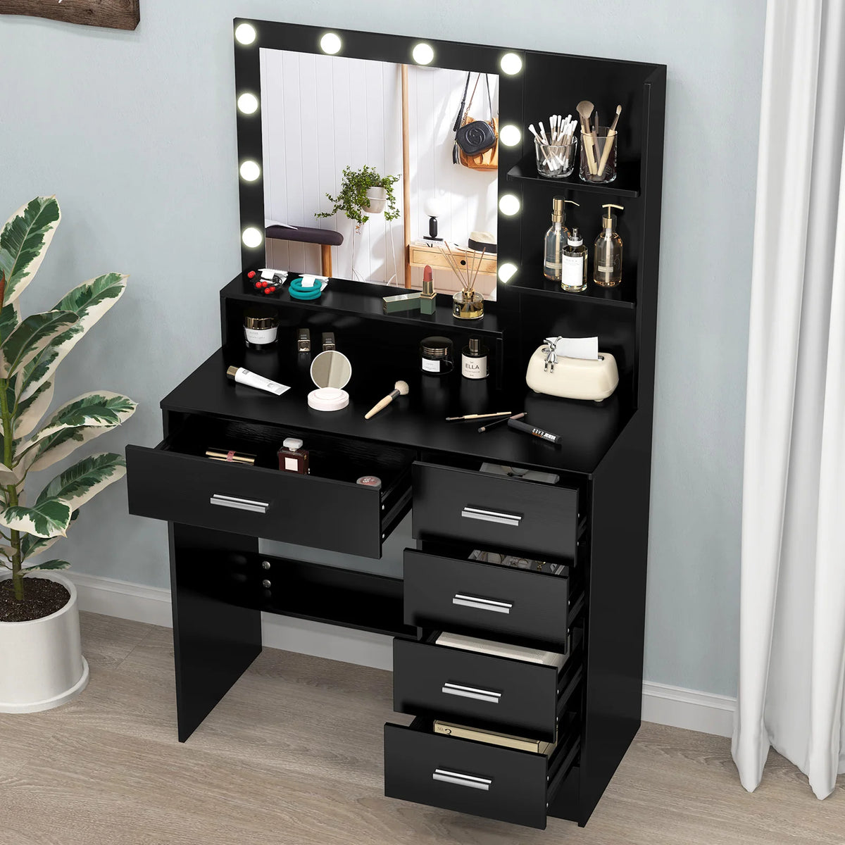 meuble coiffeuse miroir led éclairage réglable noir blanc rose beige