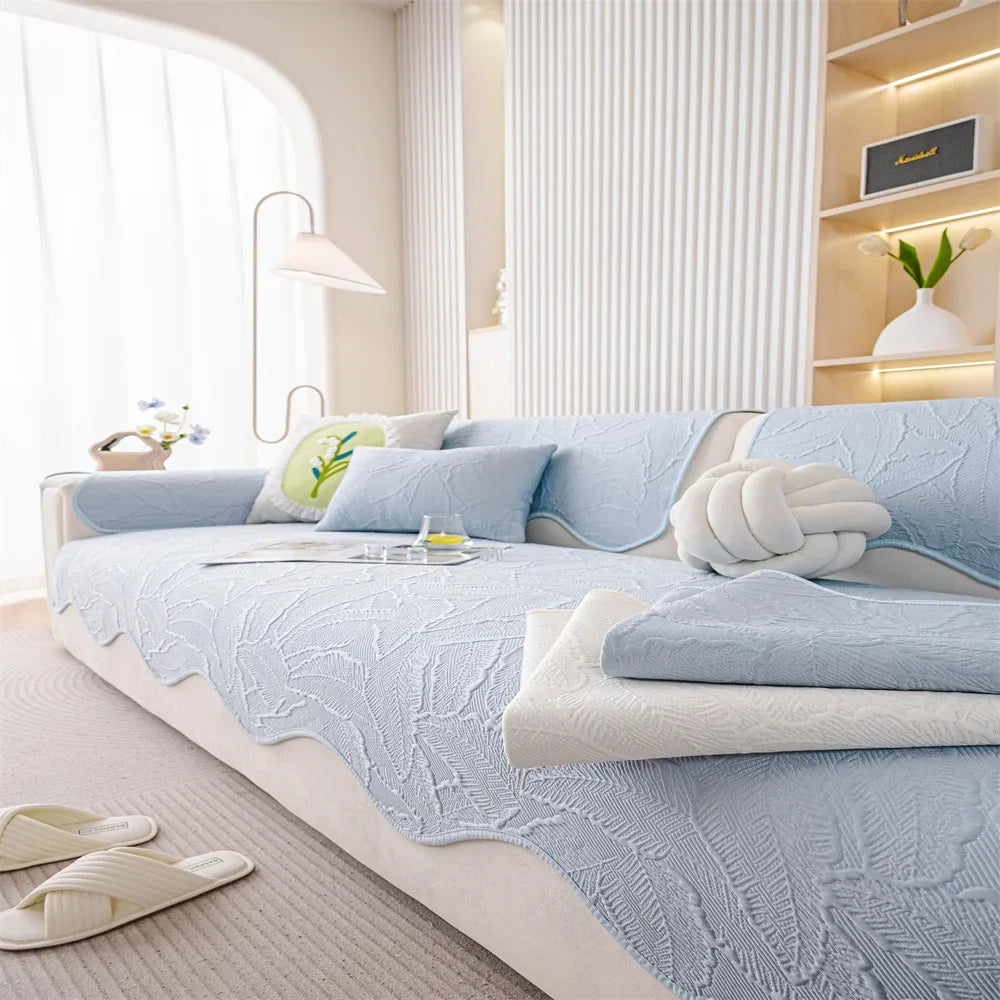 housse coussin canapé bleu motif feuilles moderne antidérapante occlusif accueil