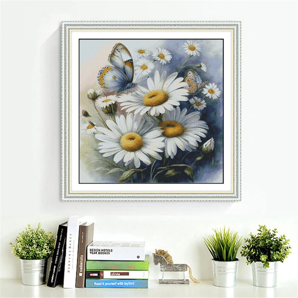 kit broderie point croix tableau fleurs papillons toile coton aiguilles fils plan complet