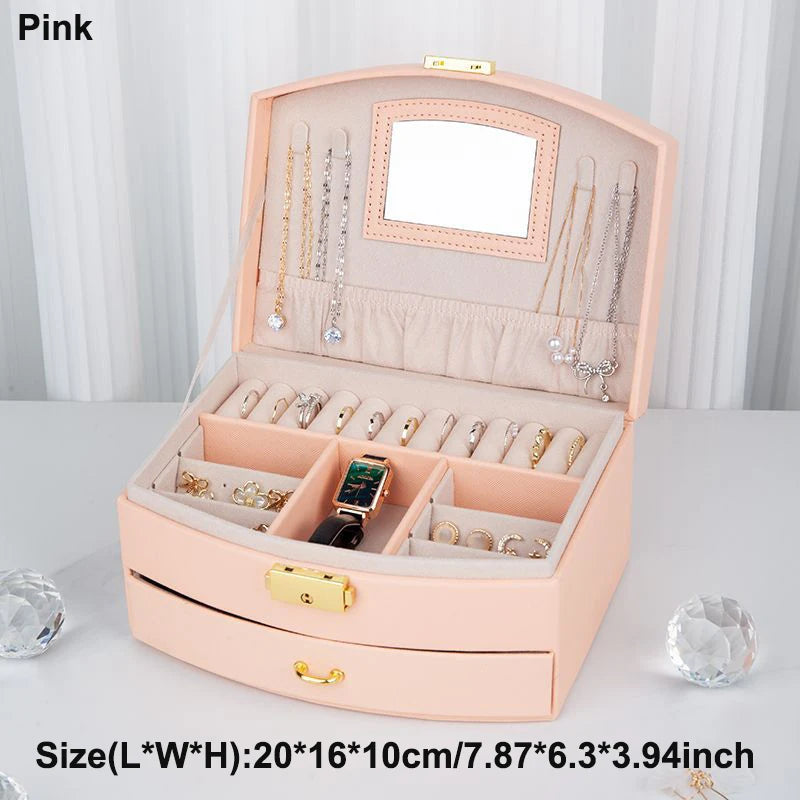 boîte bijoux moderne pliable miroir couches simili cuir poignées dorées blanc noir