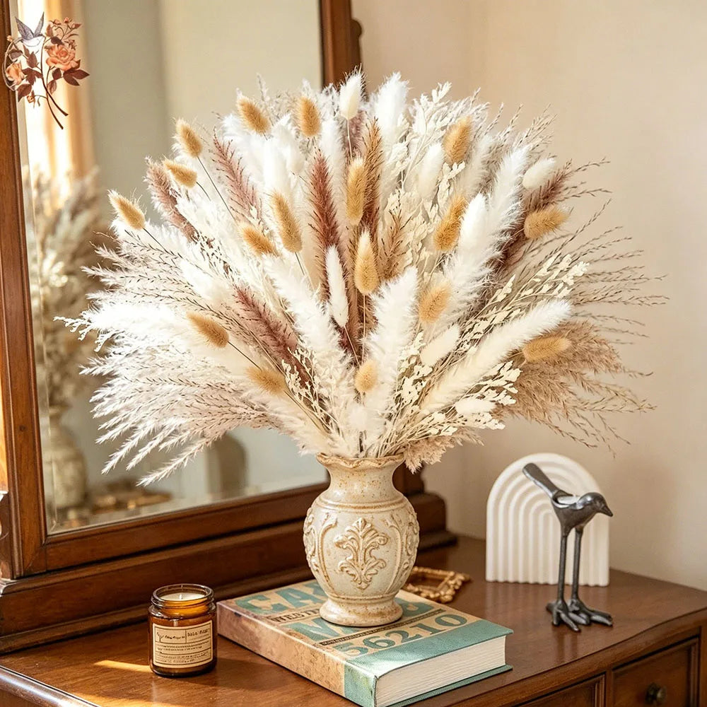 bouquet fleurs séchées naturel pampas blanc beige rustique décoration maison mariage anniversaire party