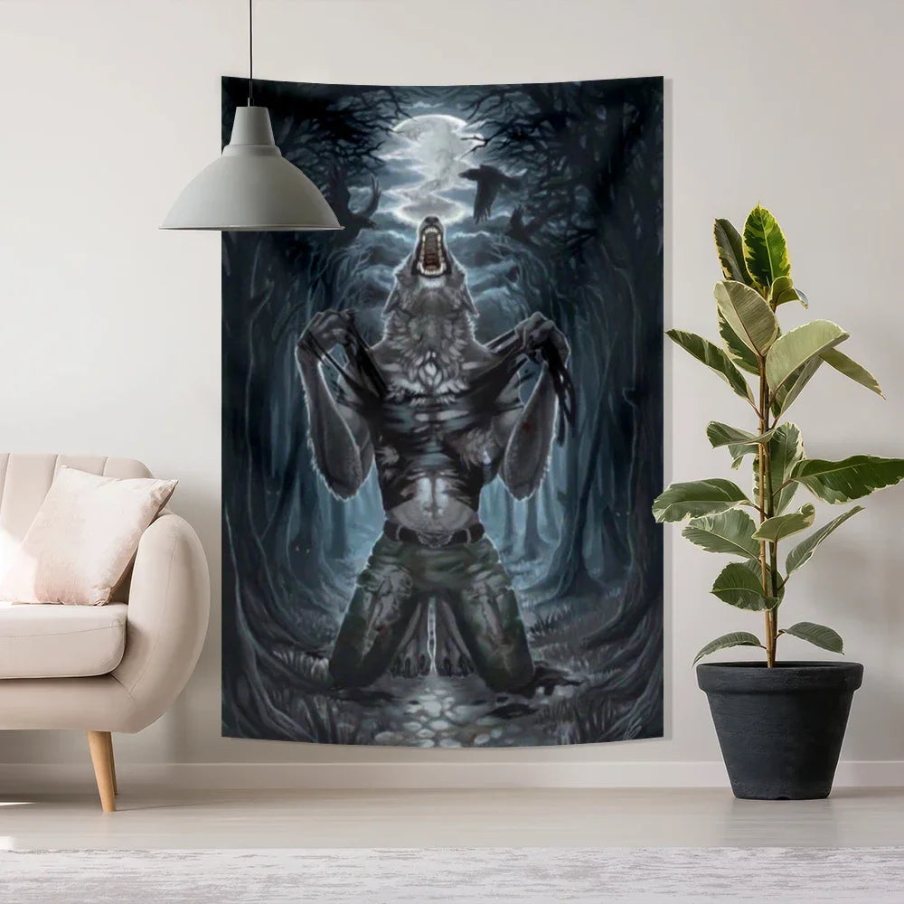 tapisserie loup garou blanc gris forêt musculaire dorés chambre décoration murale imprimée fantaisie sportive