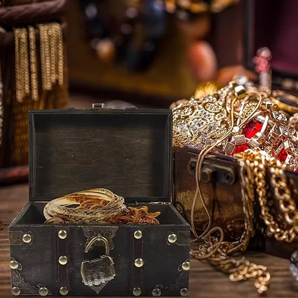 coffre fort miniature bois cuir vintage rivets serrure code bijoux rangement maison
