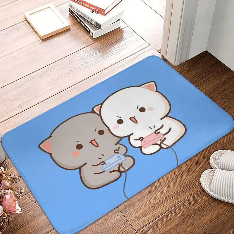 tapis sol moderne motif chat mignon mangeant nouilles rose gris blanc intérieur extérieur