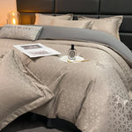 housse couette jacquard brodée ensemble pièces lit double gris clair contemporain fixations opaques microfibre