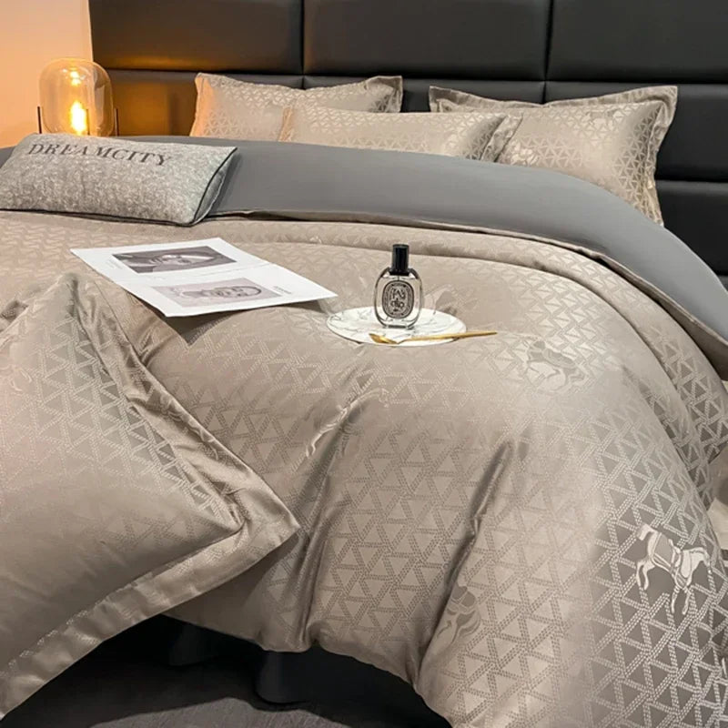 housse couette jacquard brodée ensemble pièces lit double gris clair contemporain fixations opaques microfibre