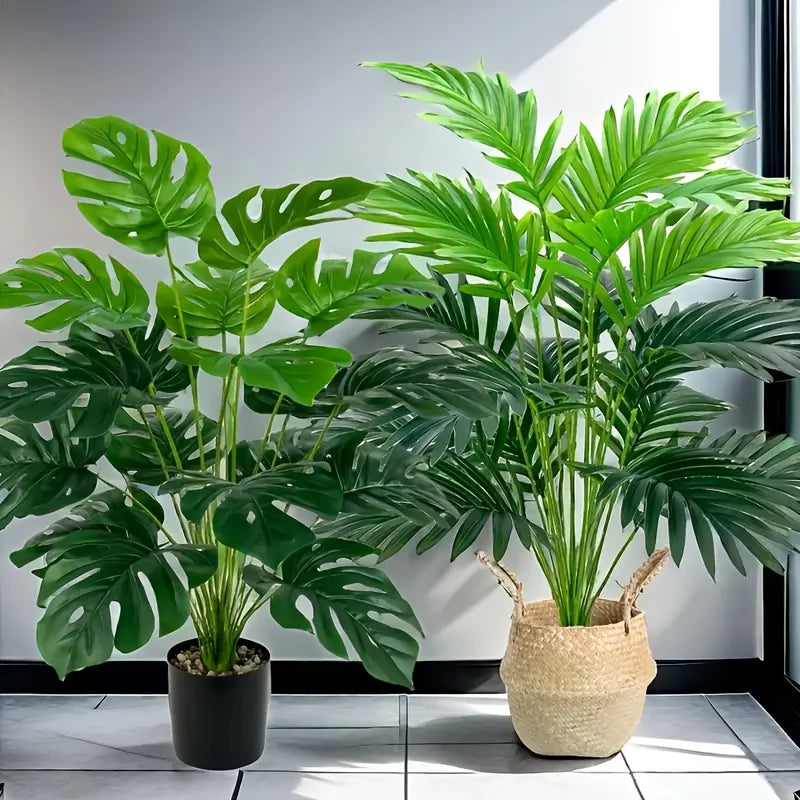 plantes artificielles monstera palmier feuilles vertes pots tressés extérieur intérieur
