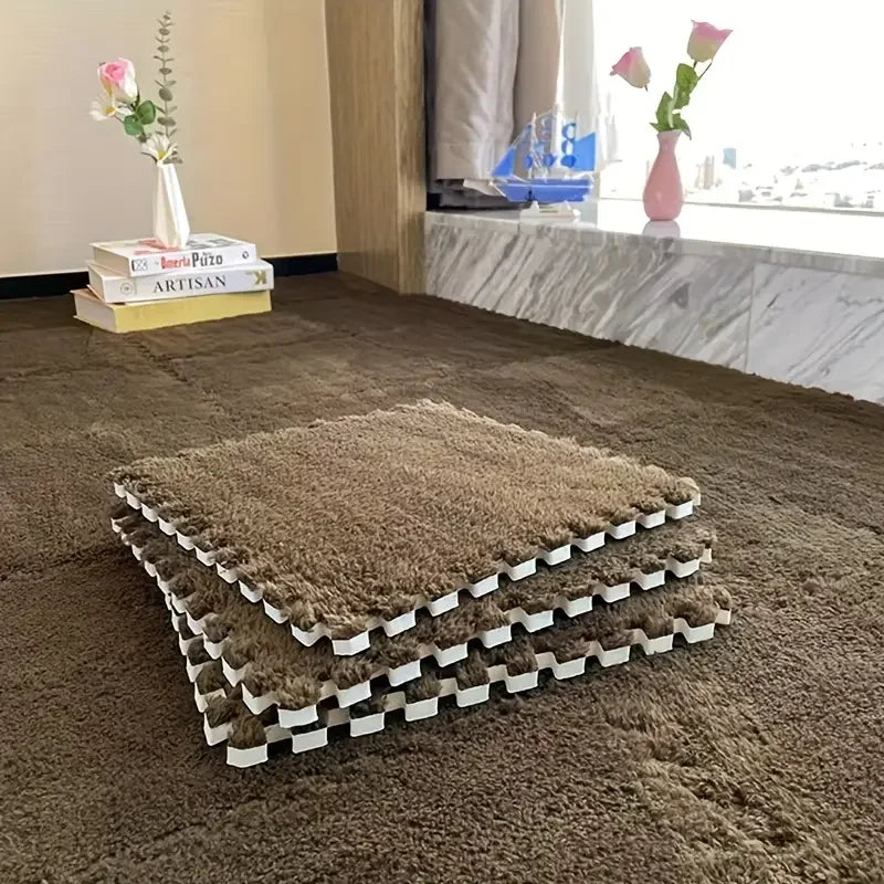 tapis modulables carreaux géométriques 30cm 30cm gris noir marron clair doux moelleux moderne confortable