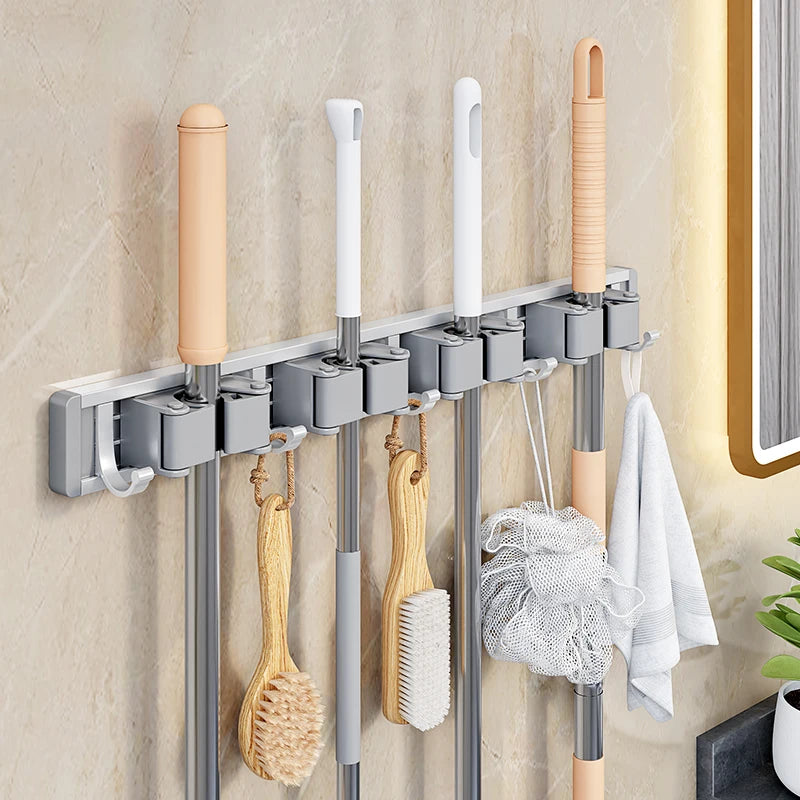 porte balai mural moderne adhésif gris blanc noir Brosse balai gant serviette spray