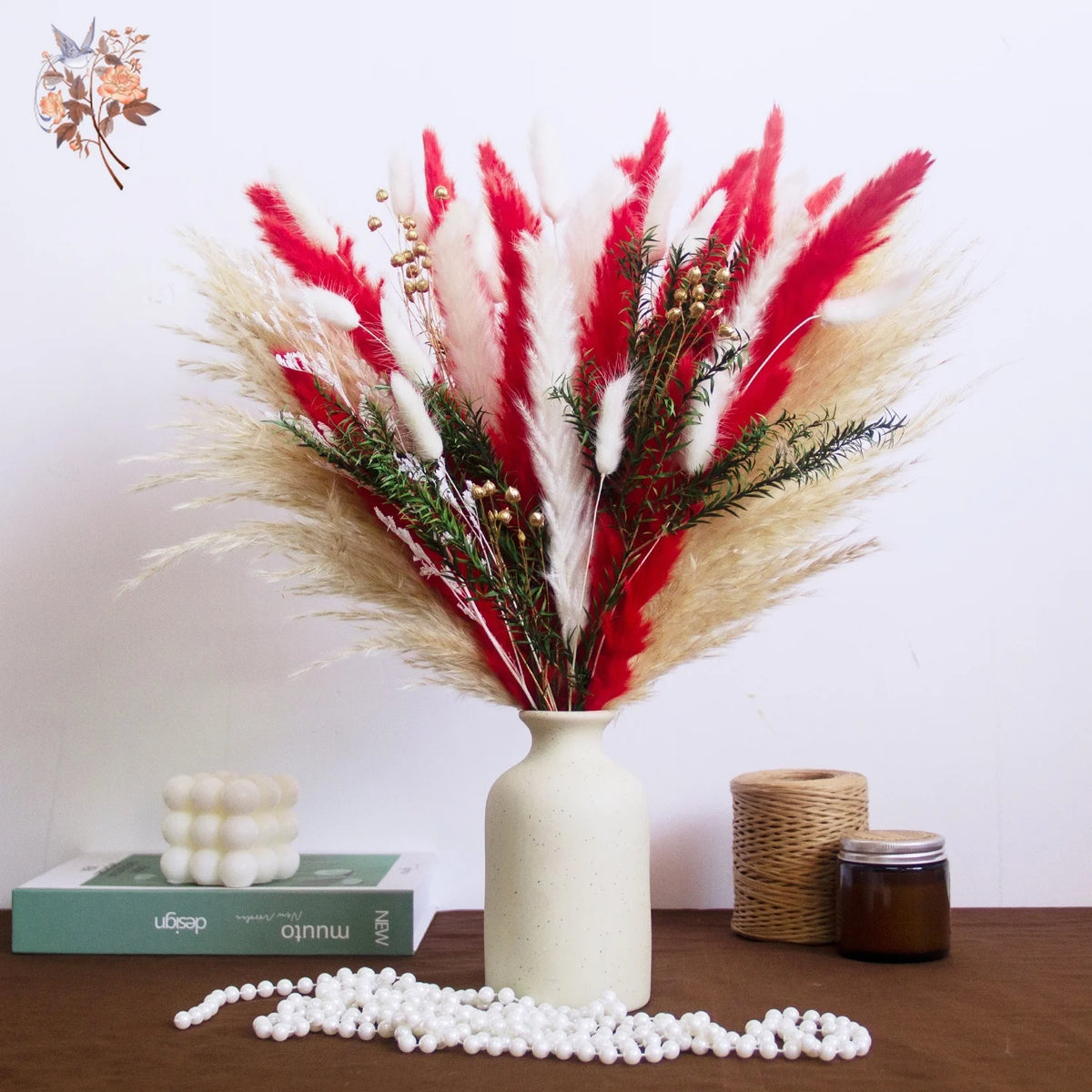 bouquet dried flowers naturel rouges blancs vase beige decoration maison anniversaire fete