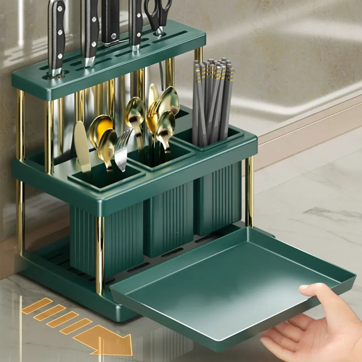 support cuisine moderne vert rayures couteaux fourchettes cuillères scies baguettes organiser gain place