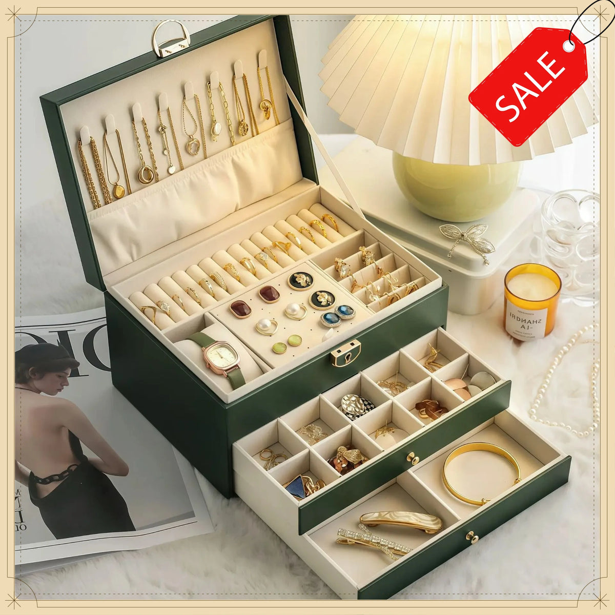 boîte bijoux simili cuir portable miroir moderne élégante poignées métalliques compartiments