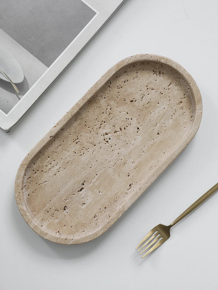 plateau marbre minimaliste beige veines naturelles bijoux vanity tray ovale rectangle rond moderne