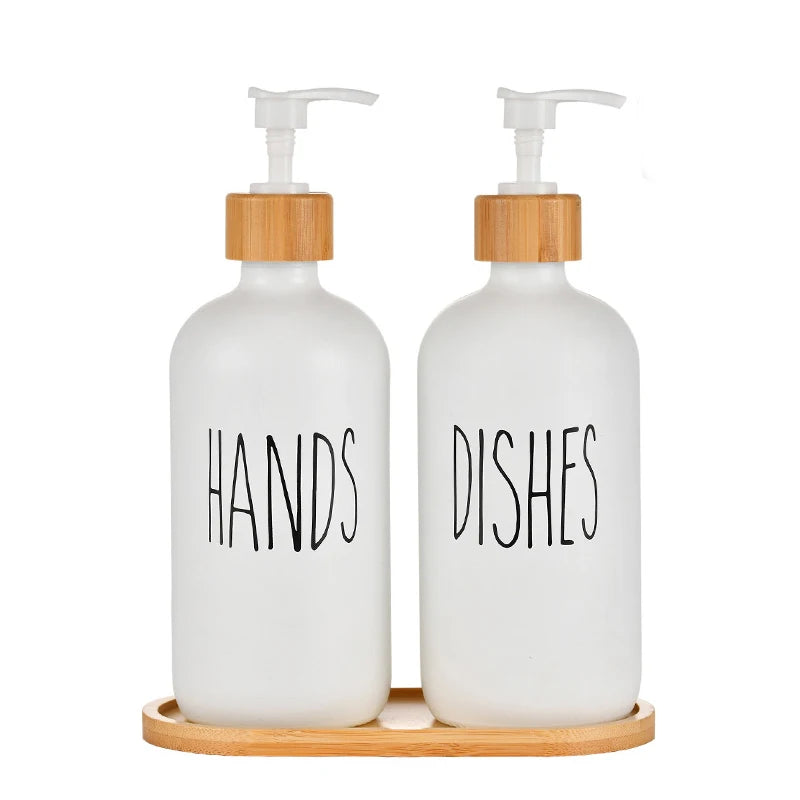 distributeur savon verre blanc moderne minimaliste base bambou deux pompes cuisine salle bain