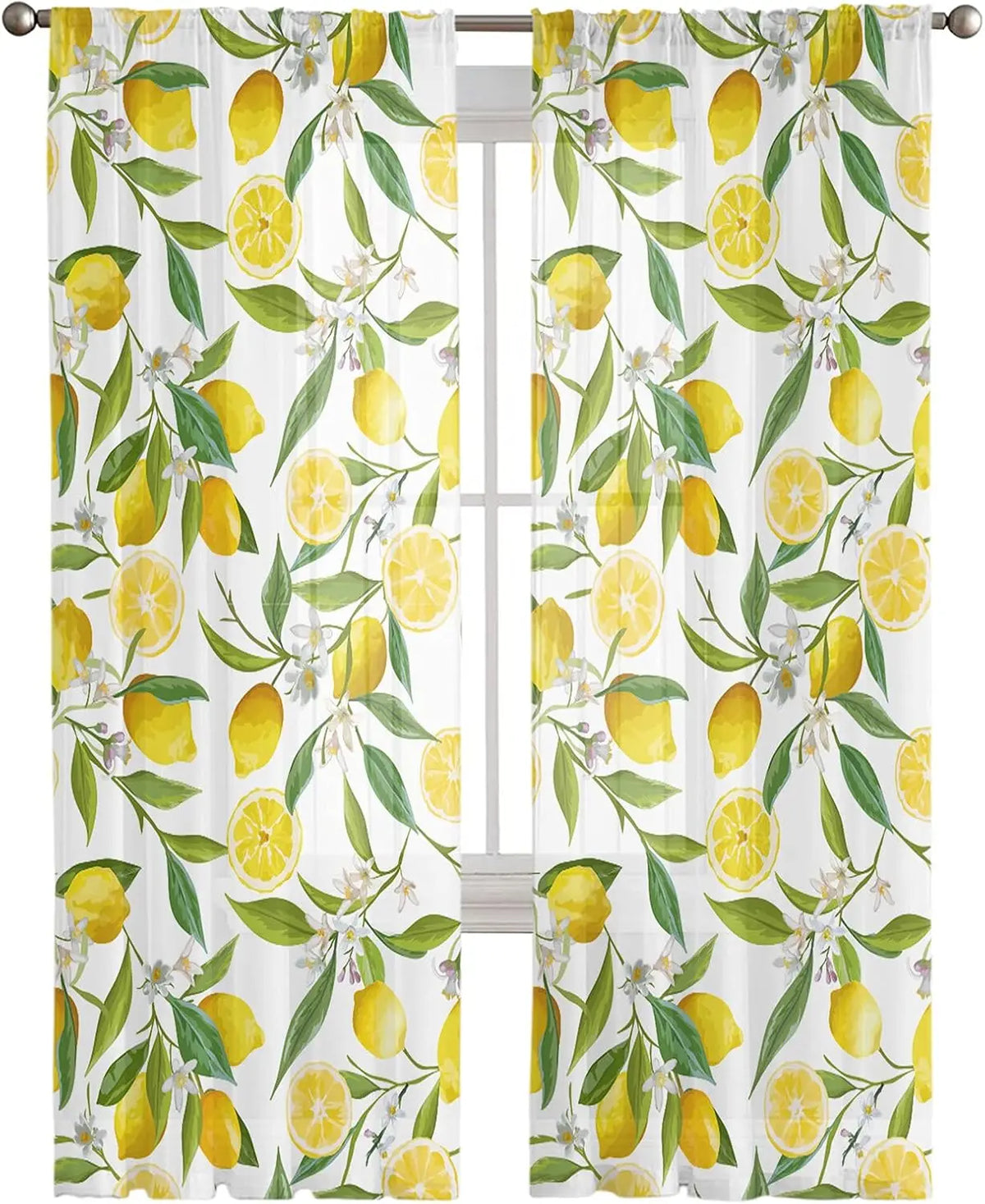 rideau moderne translucide citrons feuilles fleurs salon blanc jaune vert gris français été