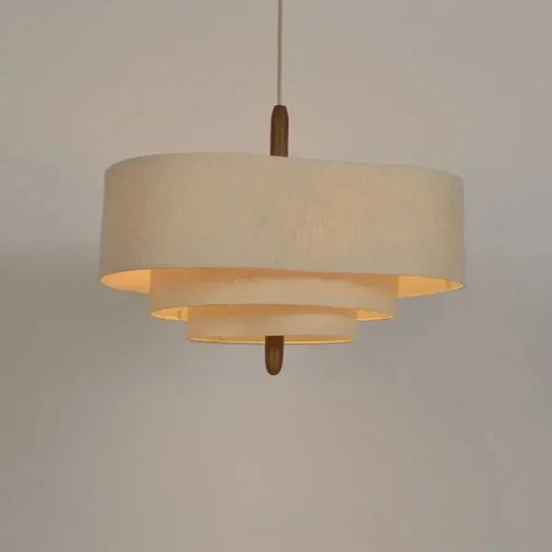 Suspension lumineuse tissu beige clair moderne chaîne métallique salon chambre principal led