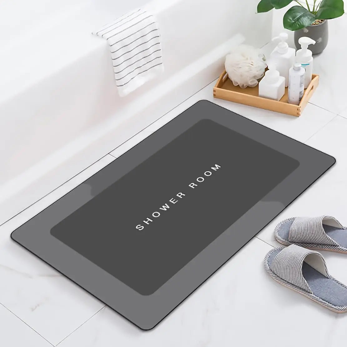 tapis douche moderne adhésif antidérapant absorbant confortable salle bain gris foncé