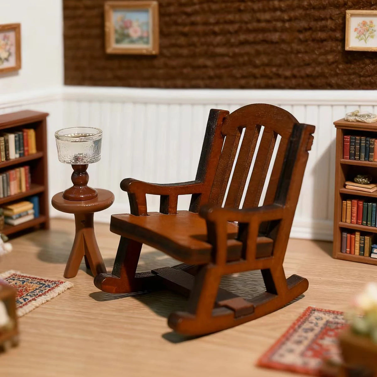 ensemble deco miniature chaise bascule table bibliothèque lumiere tapis tableau plante chambre rustique résine