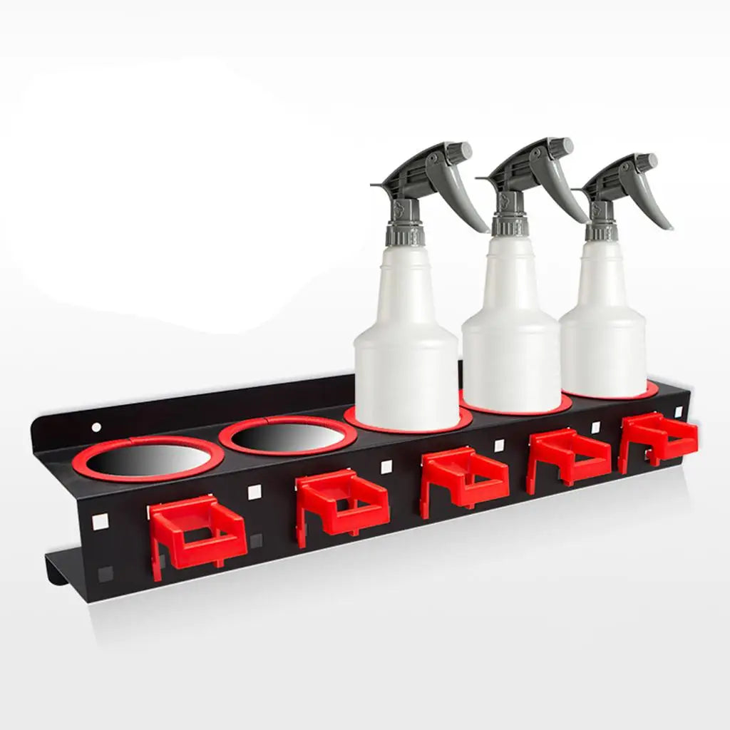 support mural bouteilles nettoyant noir rouge clips organisation garage pratique fonctionnel