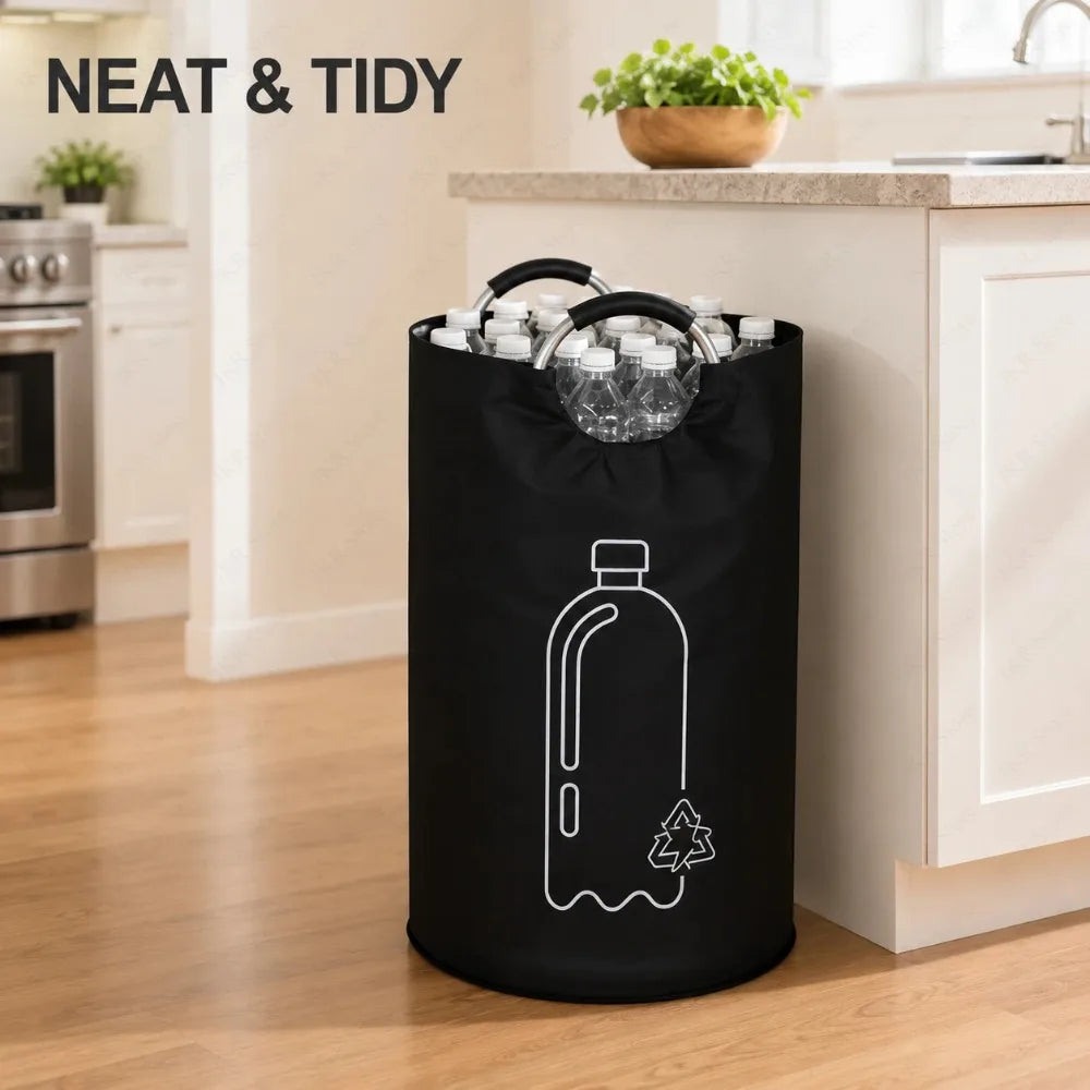 panier rangement bouteilles recyclage 82L tissu oxford poignées métal noir bouteilles plastique transparentes capacité