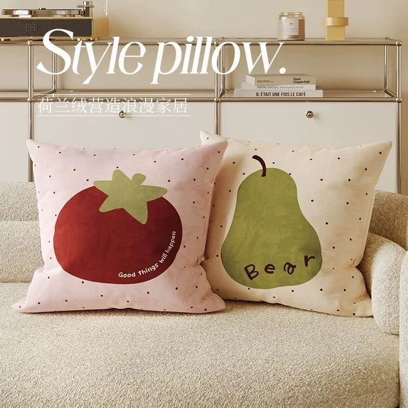 taies d'oreiller fruits animés polyester velours rose rouge vert moderne chambre décoration fixations oreillettes