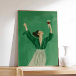 tableau moderne illustration femme verre vin rouge fond vert minimaliste chambre salon toile sans