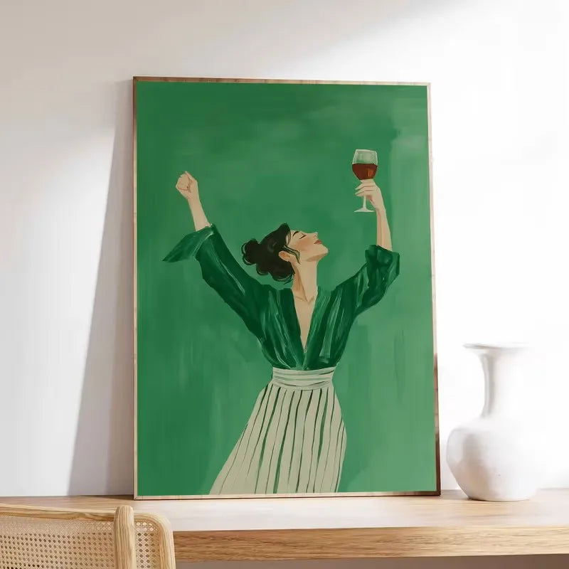 tableau moderne illustration femme verre vin rouge fond vert minimaliste chambre salon toile sans