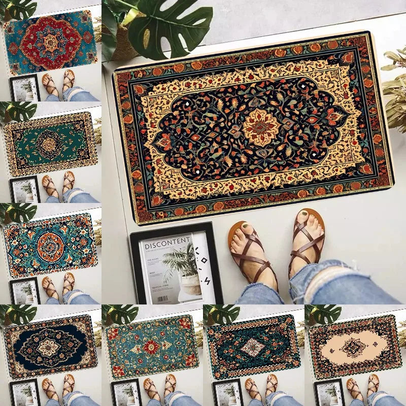 tapis antidérapant moderne persan motifs floraux salon bain rouge bleu beige