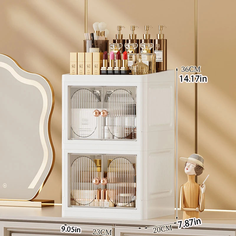 boîte rangement cosmétique tiroirs plastique moderne beige clair panneaux verticaux transparents organisation salon chambre