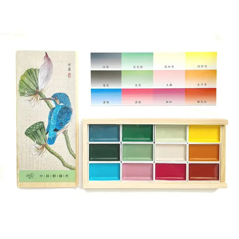 palette peinture aquarelle multicolore compartiments traditionnelle boite bois artiste illustration oiseaux