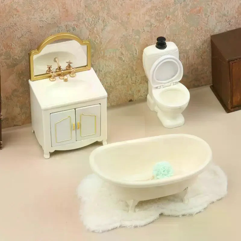 accessoires poupées meubles salle bain miniature blanc classique vasque miroir toilette tapis bain