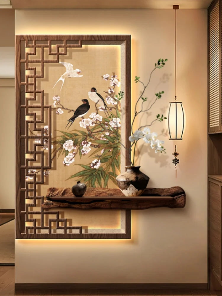 tableau mural oriental floral oiseaux géométrique bois opaque beige noir vert blanc
