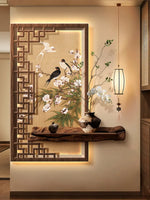 tableau mural oriental floral oiseaux géométrique bois opaque beige noir vert blanc
