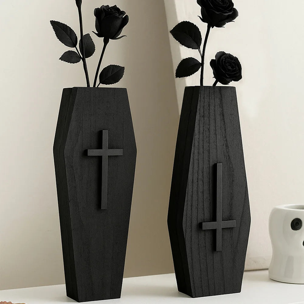 vase mural gothique noir vases cercueils bois texturé croix inversée