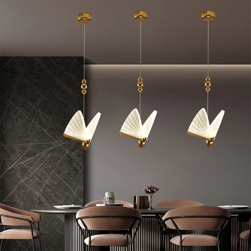 suspension lumineuse moderne papillon blanc doré translucide 10cm 15cm 17cm 150cm