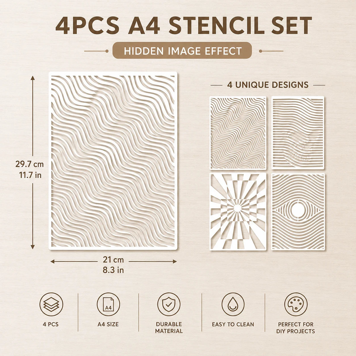 pochoirs peinture abstraite gabarits A4 rayures ondulées motif radial oeil moderne diy bois murs