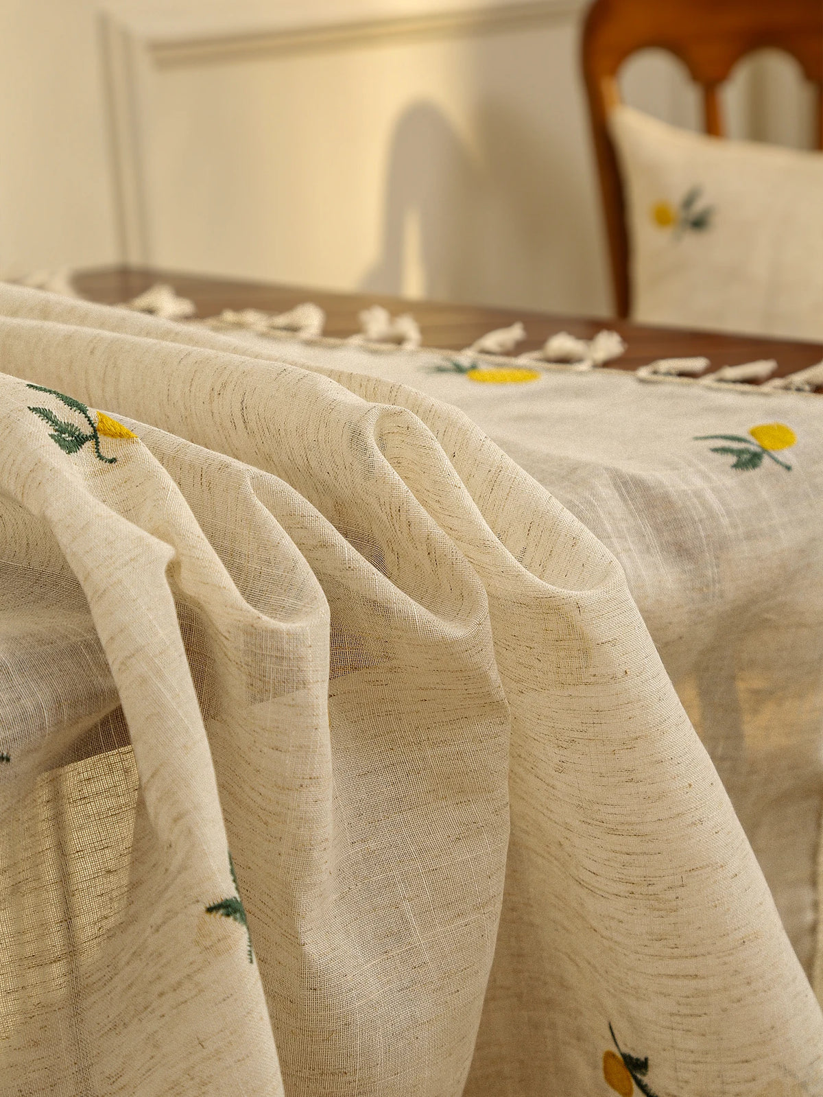 nappe table brodée citrons jaunes vertes rustique printemps été linen polyester réutilisable maison festives