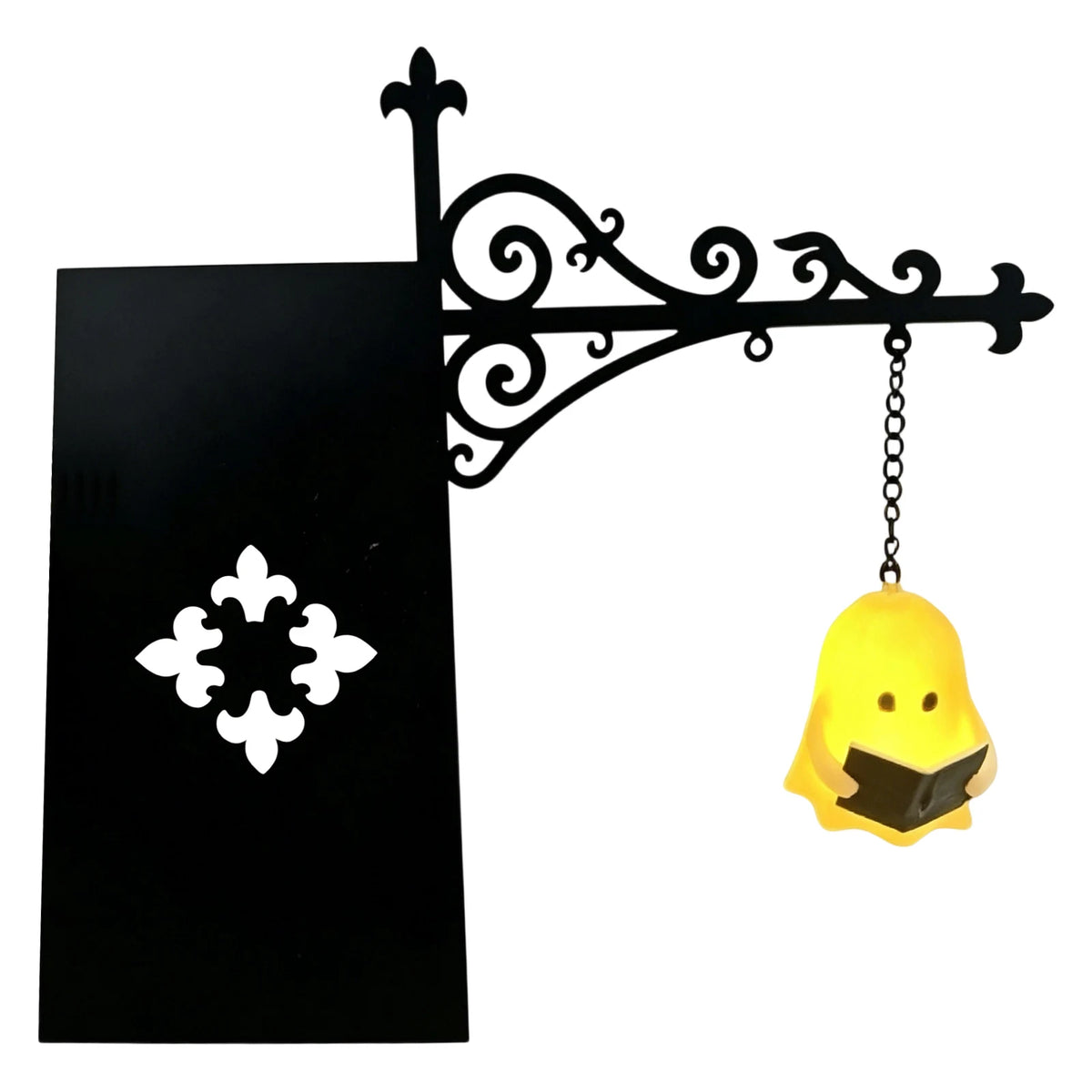 lanterne suspendue support métal forgé décoration murale motif floral panneau rectangulaire piles livres littéraire