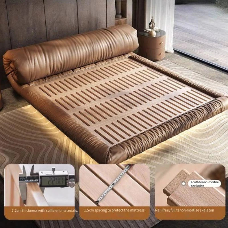 lit marron clair minimaliste simili cuir bois oreiller coussin carré king size queen size