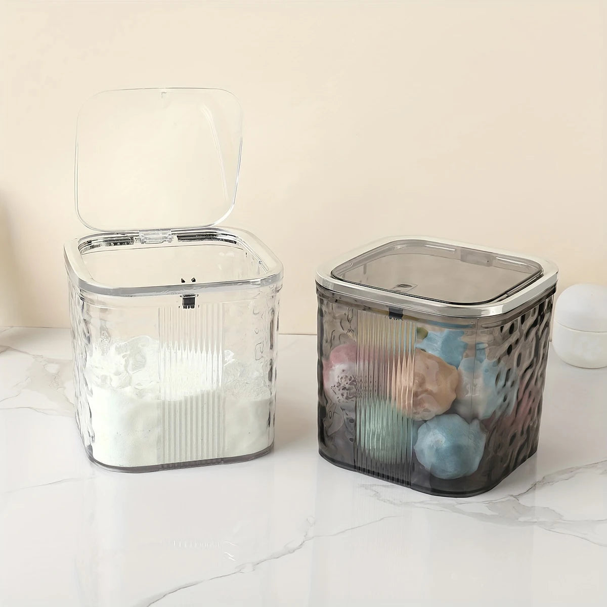 boîtes rangement lessive transparentes texture rugueuse moderne imperméables cuillère poudre contemporaine buanderie organisation produits
