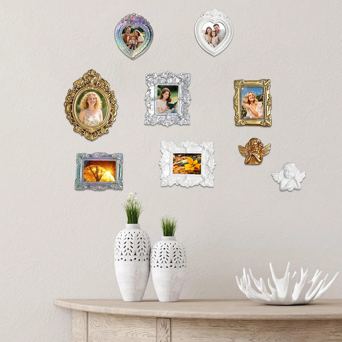 cadres photo ornementaux classiques rectangulaires ronds épingles photos familles décoration intérieure vintage