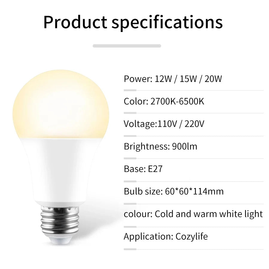 ampoule led intelligente wifi blanc opacité e27 220v 110v 12w 15w 20w variable alexa