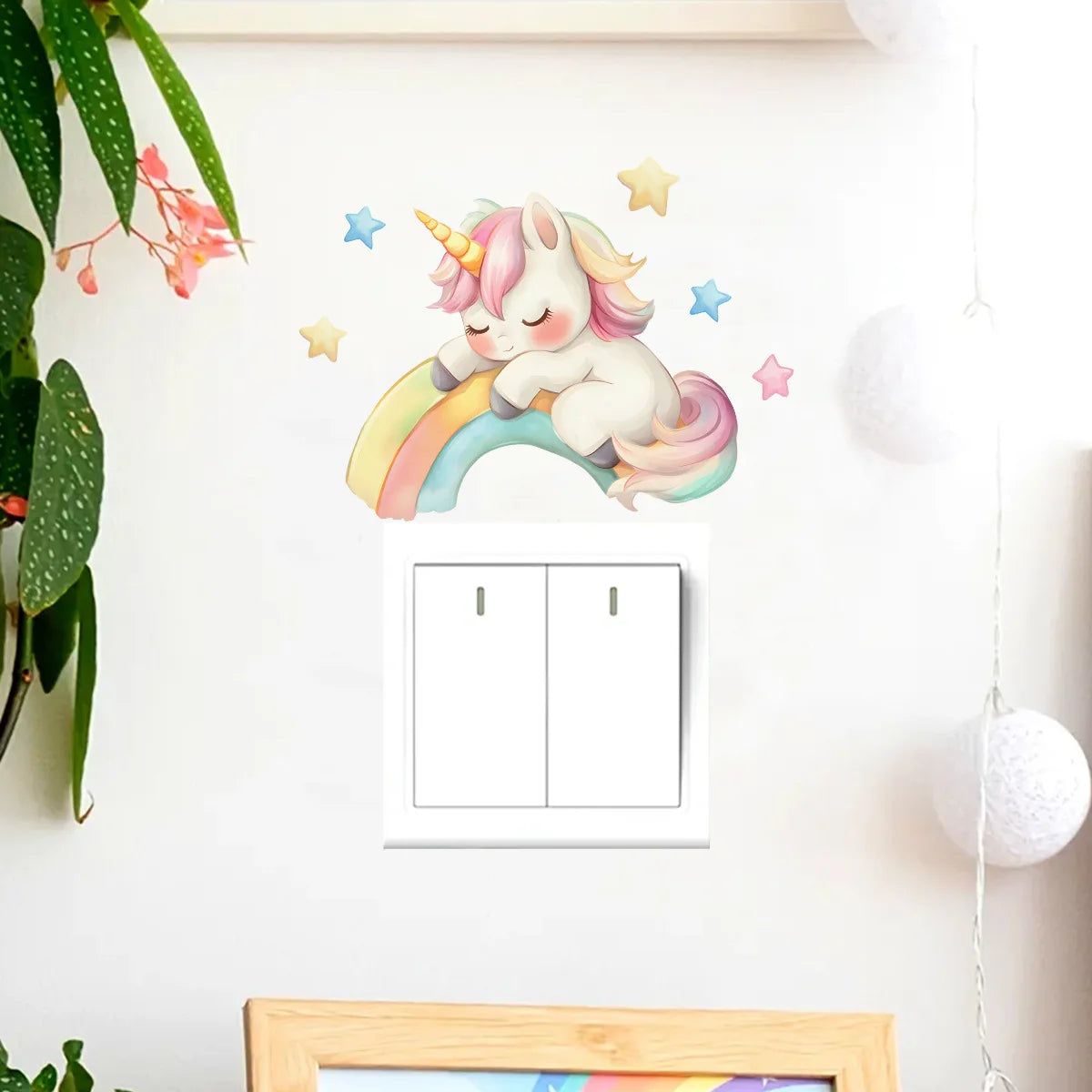 sticker mural licorne arc ciel papillons étoiles nuages dessin animé adhésif chambre enfant deco